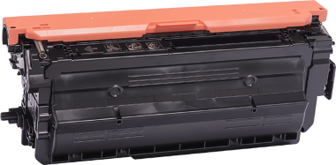 Gelbe Tonerkassette mit schwarzem Gehäuse und orangefarbenem Deckel, seitliche Ansicht.