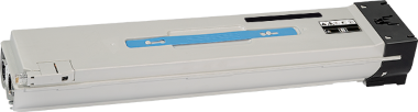 Schwarze Tonerkassette mit blauer Sicherheitslasche, seitliche Ansicht, für HP Drucker.
