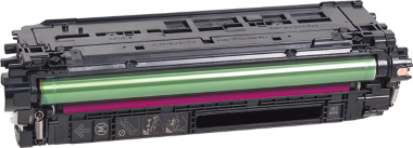 Magenta Tonerkassette mit grünem und pinkem Farbton für HP Color LaserJet Drucker.