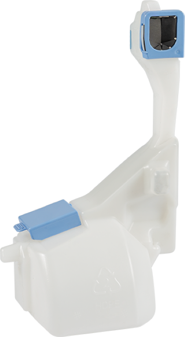 Rebuilt Resttonerbehälter in weiß mit blauen Applikationen für kompatible Drucker.