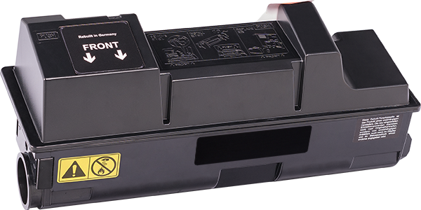 Schwarzer Rebuilt Toner-Kit mit Hinweis auf die Frontseite und Warnsymbolen.