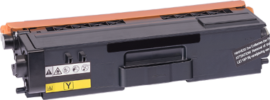 Gelbe Tonerkassette TN-325 mit verschiedenen Anschlüssen und WARN- sowie Recycling-Symbolen.