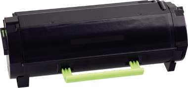 Rebuilt Tonerkassette in Schwarz mit grünem Handgriff für Lexmark Drucker.