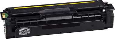 Gelbe Tonerkassette für Samsung-Drucker in Seitenansicht.