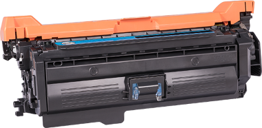 Cyan Tonerkassette für HP LaserJet, ohne Verpackung, seitliche Ansicht.