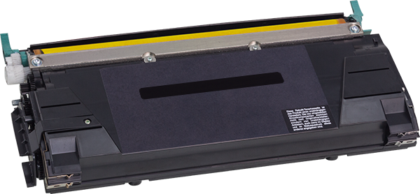 Gelbe Rebuilt Tonerkassette für Lexmark-Drucker, seitliche Ansicht mit Etikett.