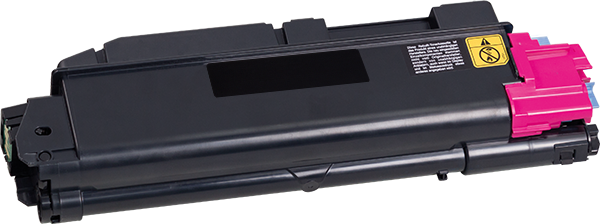 Magenta Toner-Kit für Kyocera-Drucker, in seitlicher Ansicht mit Sicherheitslabel.