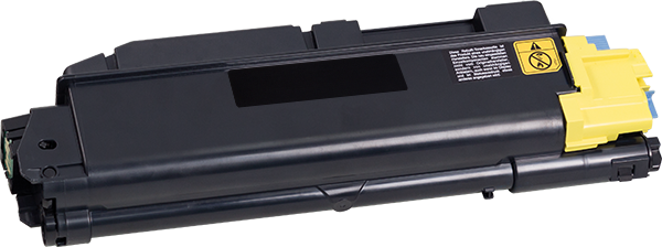 Gelber Rebuilt Toner für Kyocera Drucker mit Sicherheits- und Kompatibilitätsinformationen.