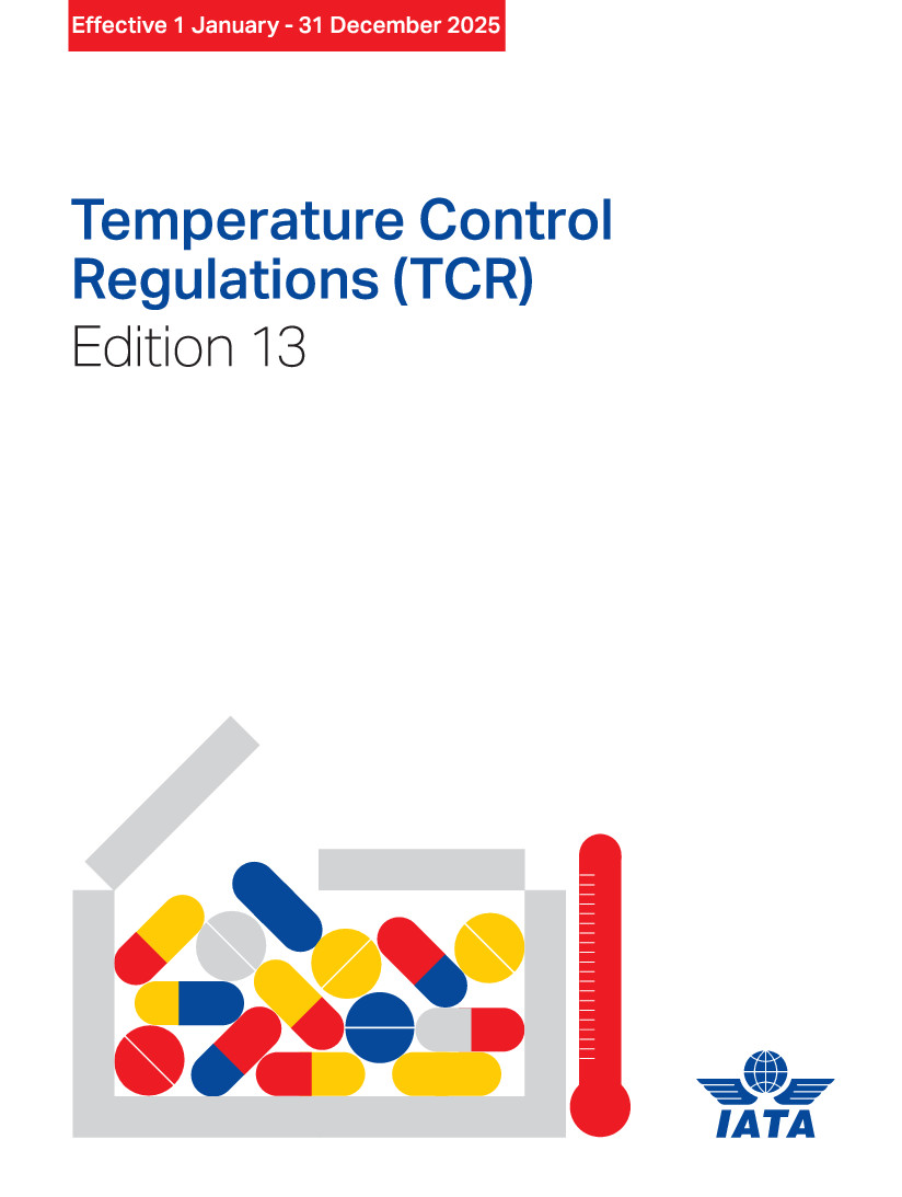 Buchcover der IATA Temperature Control Regulations 2025 mit Medikamenten und einem Thermometer.